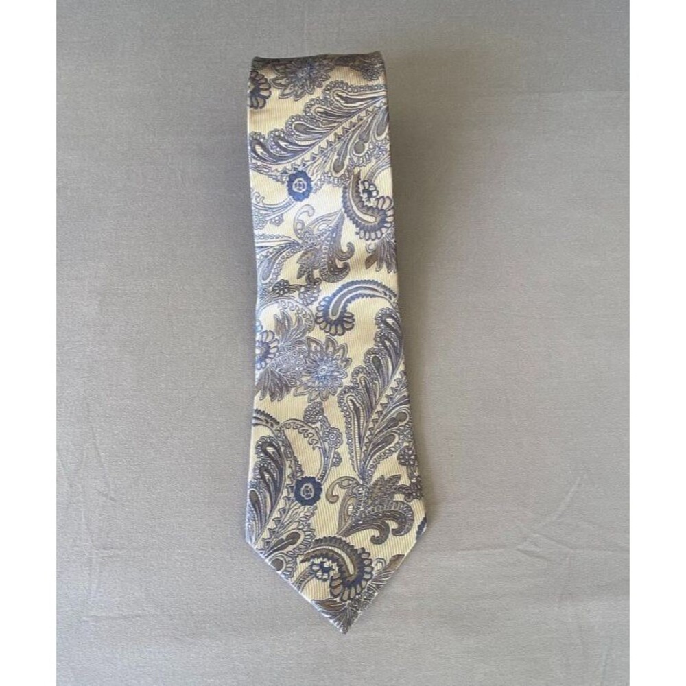 Bruno Piattelli Pure Silk Paisley Tie Blue Gray Cream Handmade 57" Vintage